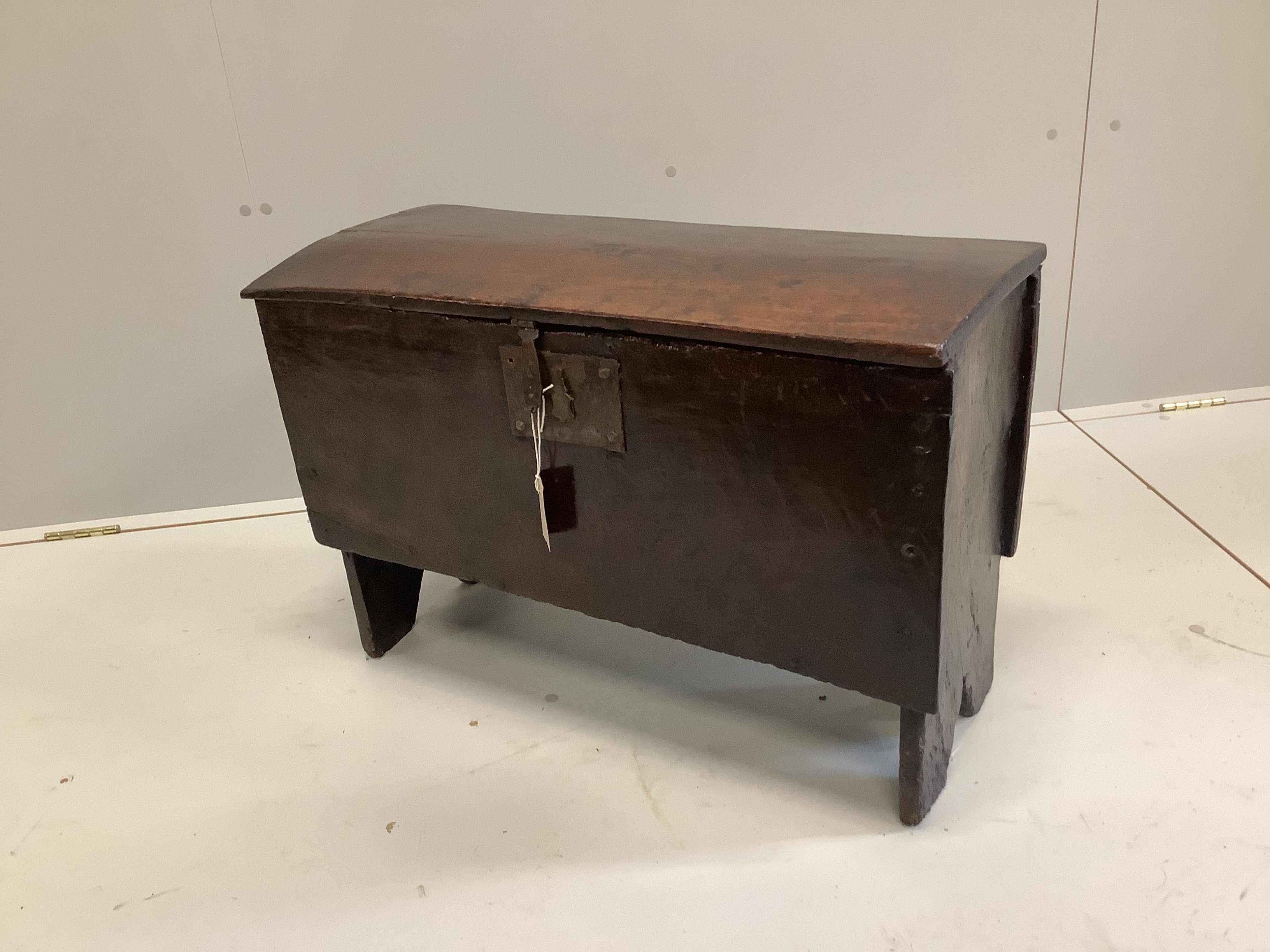 A small 17th century oak six plank coffer, width 73cm, depth 32cm, height 49cm
